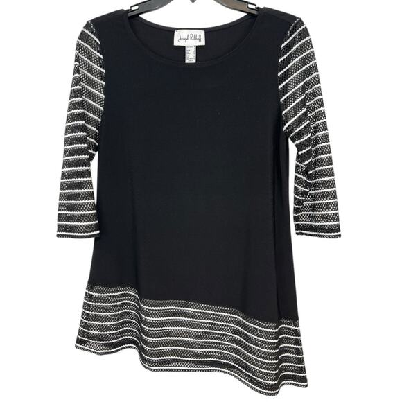 Joseph Ribkoff Tunic 6 Black white  crochet sleeves and hem Asymmetrical Hem - Picture 2 of 8
